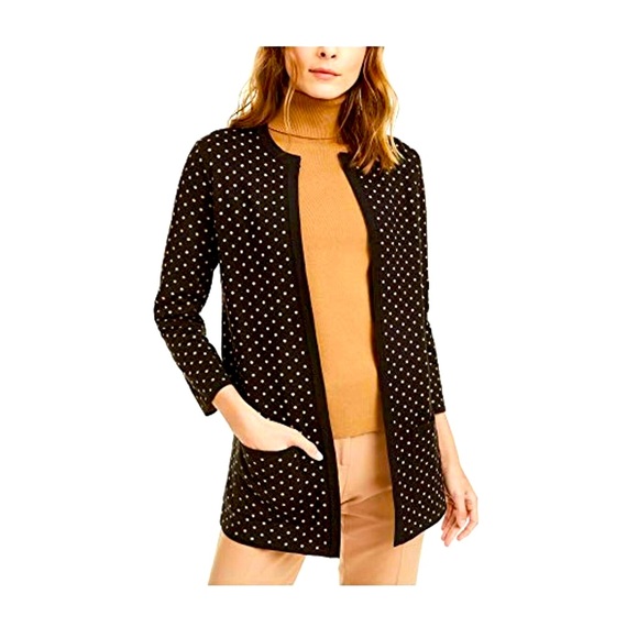 NWT Anne Klein Metallic Black&Gold Polka Dot Open Cardigan Sweater Sz S Fits S-L - Picture 3 of 9